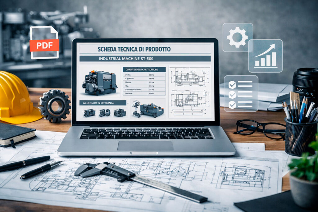 Esempio di scheda tecnica di prodotto visualizzata su laptop con disegni tecnici e strumenti di progettazione