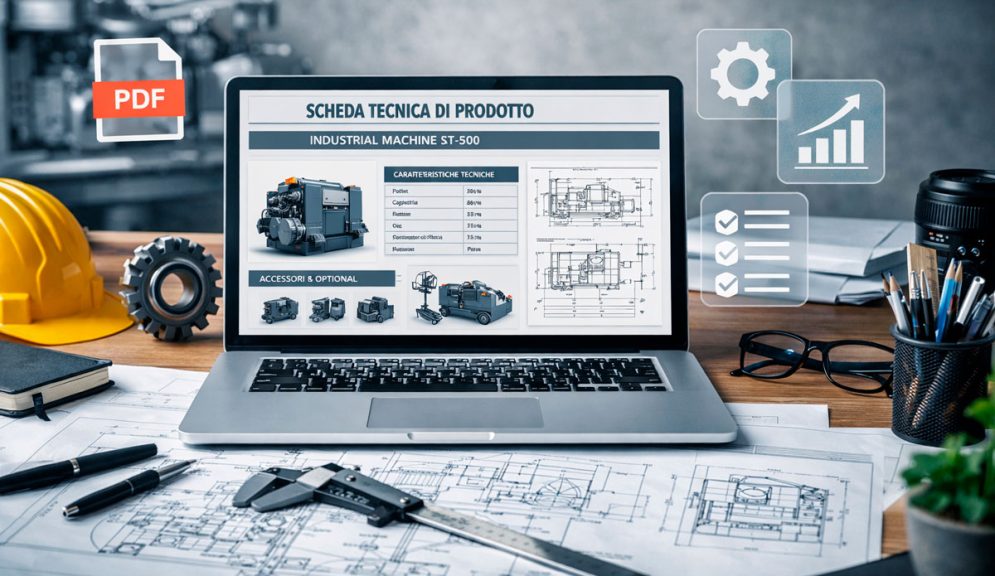 Esempio di scheda tecnica di prodotto visualizzata su laptop con disegni tecnici e strumenti di progettazione